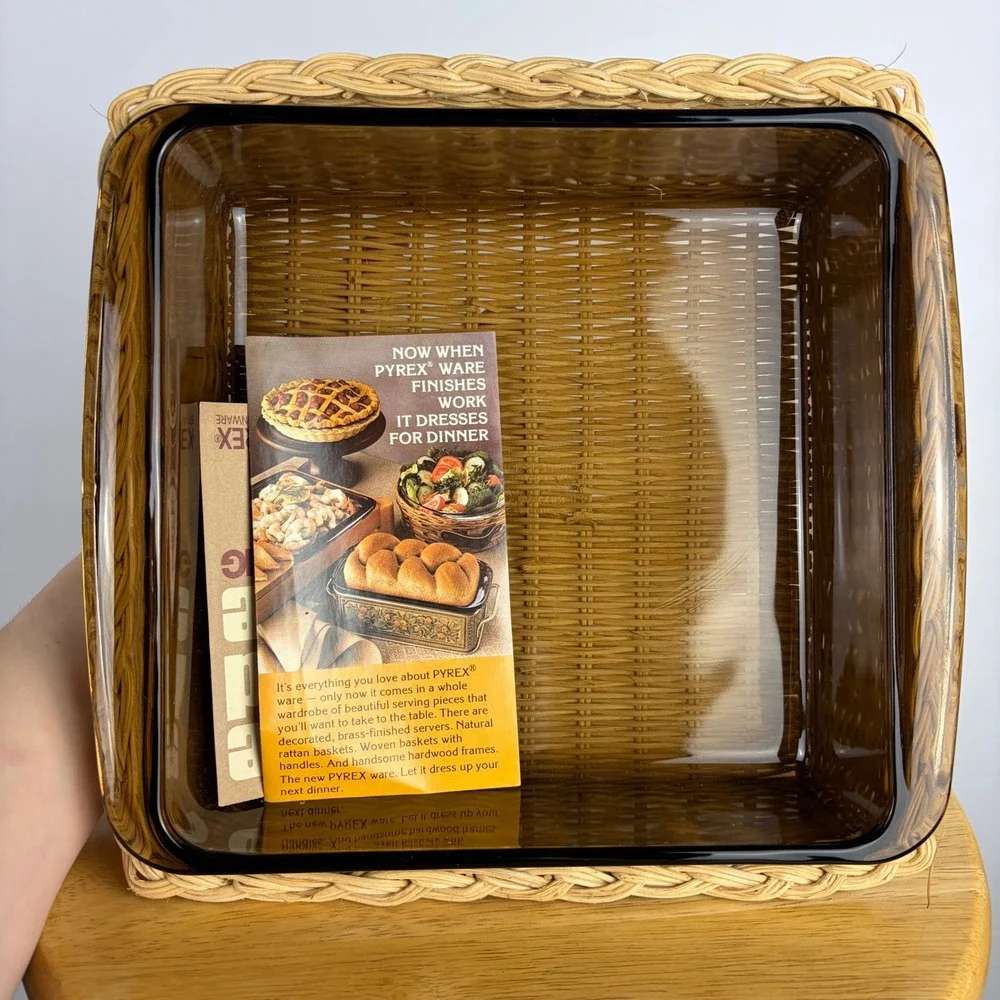 Vintage Pyrex Fireside Naturals 8 Inch Square Cake Dish Rattan Basket 2220-F
